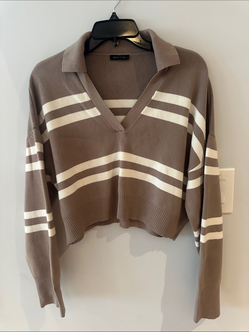 Dynamite Taupe and White Striped V-Neck Sweater